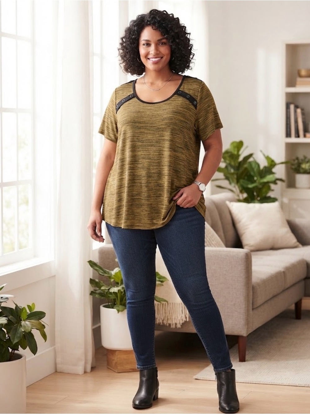 Suzie in the City Women’s Plus 3X Knit Scoop Neck Short Sleeve Top Olive/Army